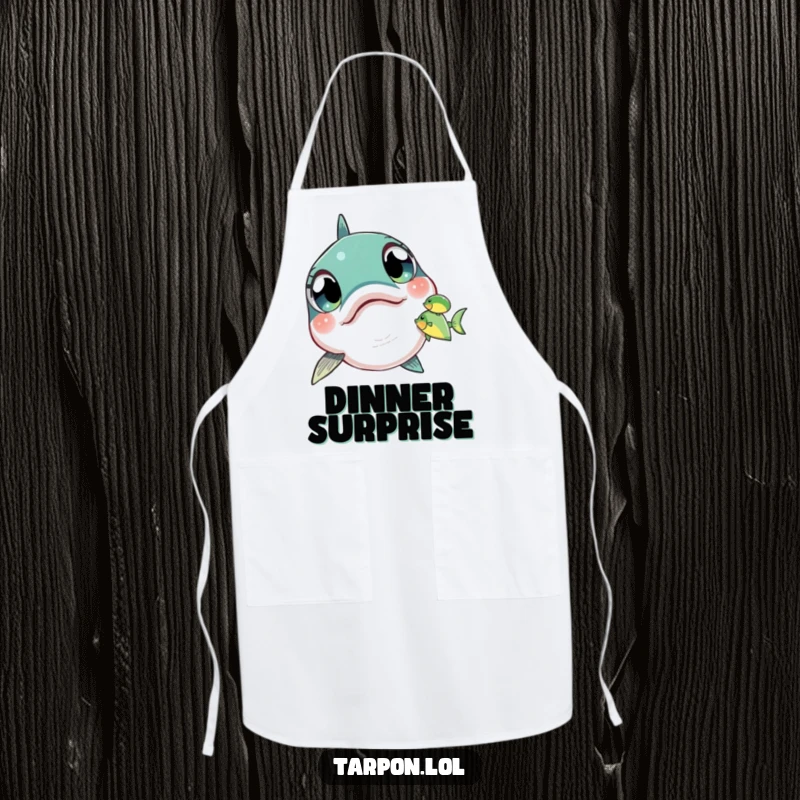 Funny Tarpon Apron showing a tarpon with wide, amazed eyes spotting a small fish, ready for culinary observation.