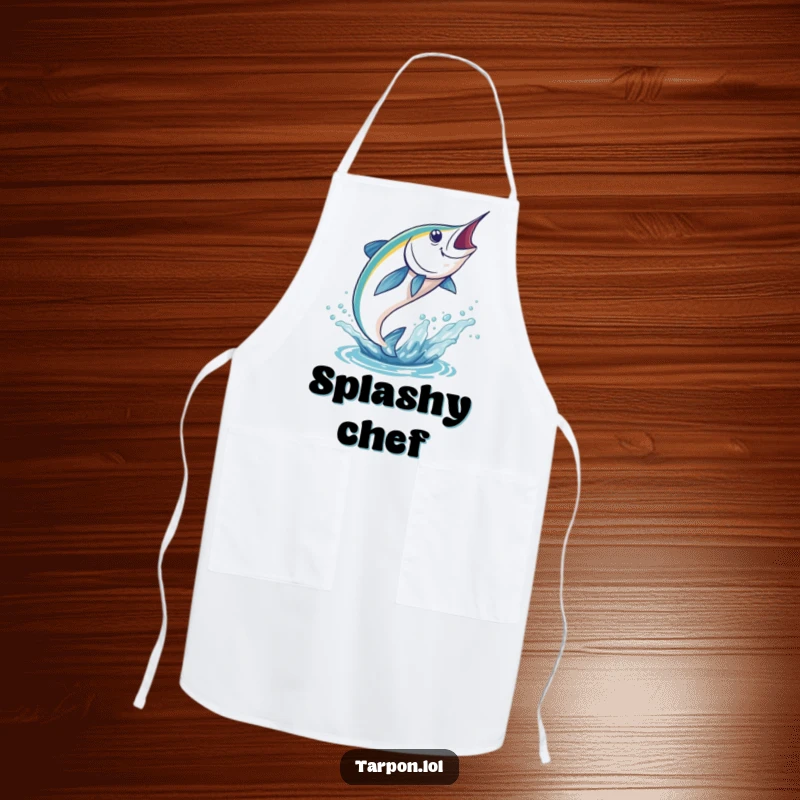 Funny Tarpon Apron showing a tarpon leaping powerfully out of the water with a splash, ready for kitchen duty.