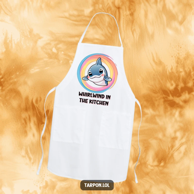 Funny Tarpon Swirl Apron: A smiling tarpon with big eyes amidst a colorful swirl, a funny and functional kitchen essential.