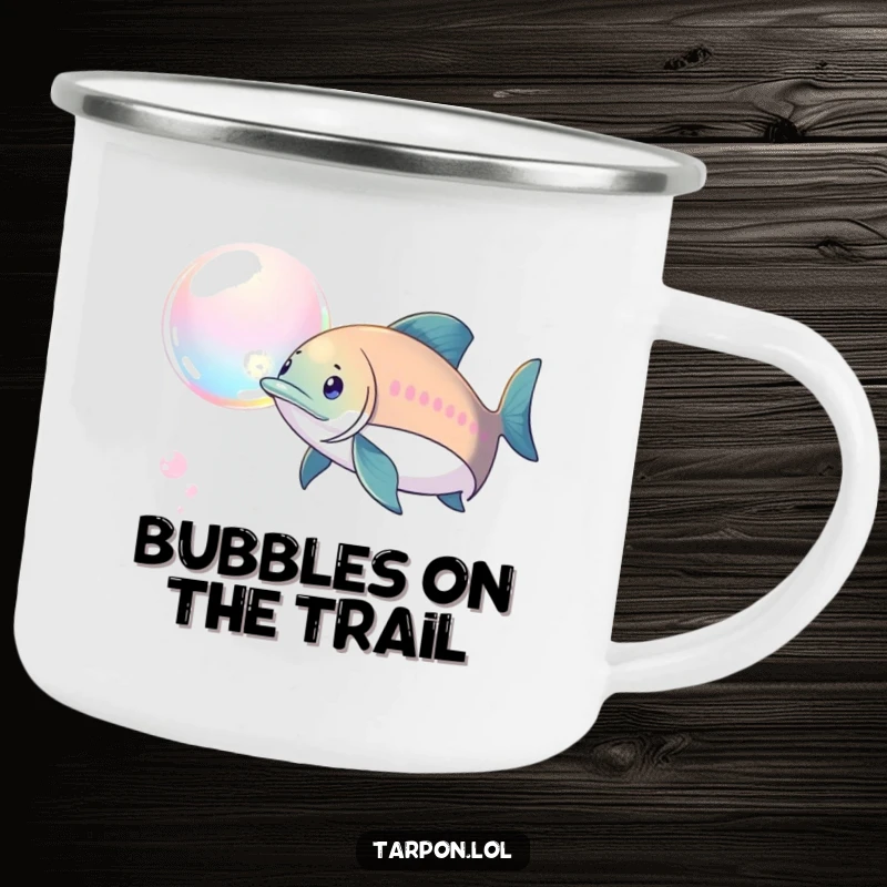 Funny Tarpon Bubble Chase Camping Mug: A tarpon playfully chasing a shimmering bubble, ready for any funny outdoor adventure.