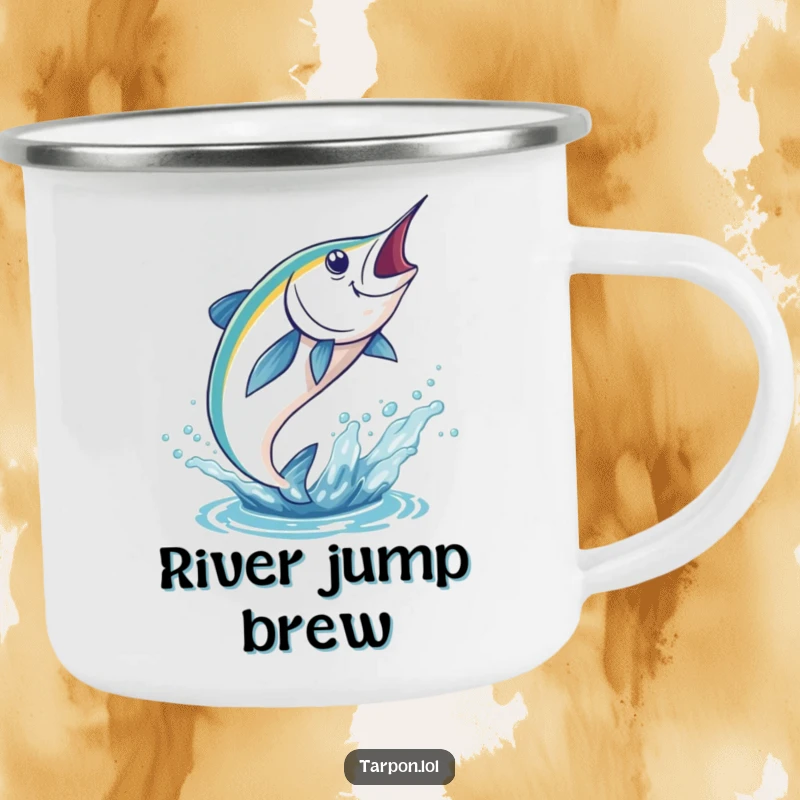 Funny Tarpon Camping Mug featuring a tarpon leaping energetically from the water, ready for any adventure.