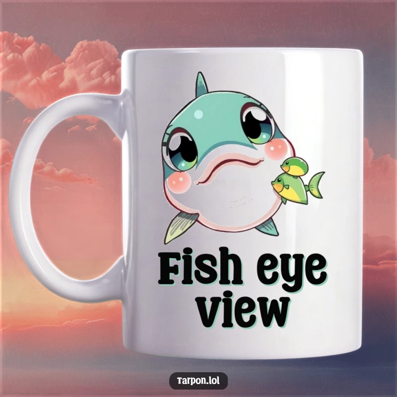 Funny Tarpon Mug featuring a tarpon with enormous, amazed eyes staring intently at a tiny, unsuspecting fish.