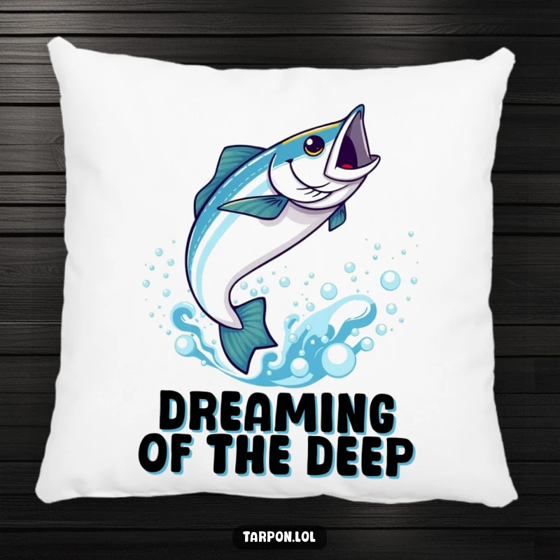 Funny Kawaii Tarpon Pillow: A cute and happy tarpon jumping from bubbly blue water, offering funny, cuddly comfort.