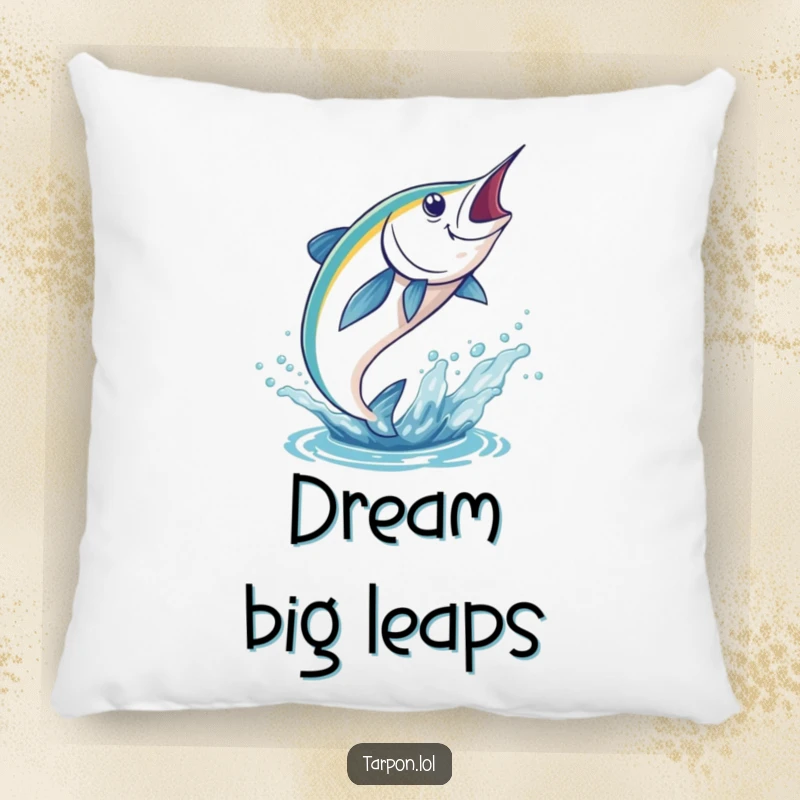 Funny Tarpon Pillow featuring a tarpon leaping energetically from the water, bringing aquatic vibes to comfort.
