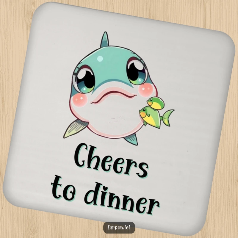 Funny Tarpon Coasters displaying a tarpon with wide, amazed eyes intently spotting a tiny fish, adding humor to your drinks.
