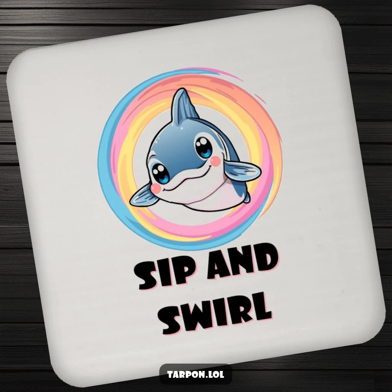Funny Tarpon Swirl Coaster: A smiling tarpon with big eyes is set against a colorful swirl, offering funny surface protection.