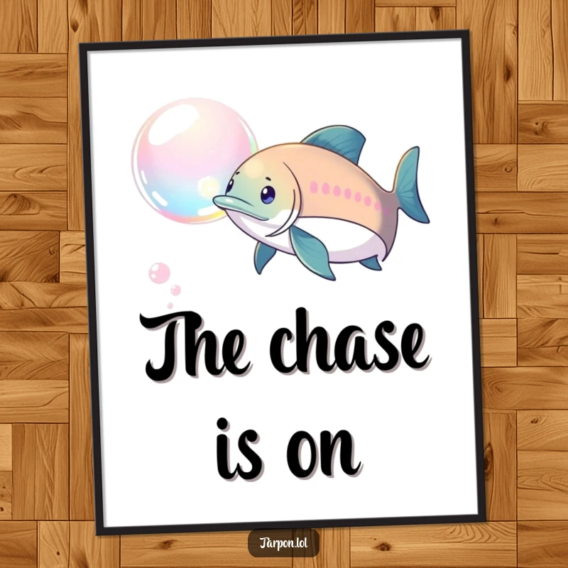 Funny Tarpon Bubble Chase Poster: A tarpon playfully pursuing a shimmering bubble, creating a funny and captivating aquatic scene.