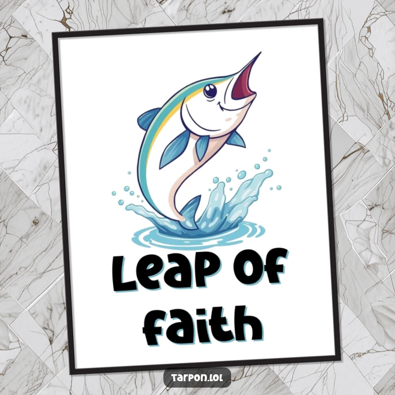 Funny Tarpon Poster showcasing a tarpon executing an impressive leap from the water, captured in a moment of dynamic action.