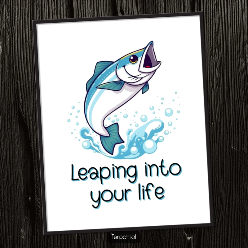 Funny Kawaii Tarpon Poster: A vibrant artwork of a cute tarpon leaping from bubbly blue water, full of funny, aquatic charm.