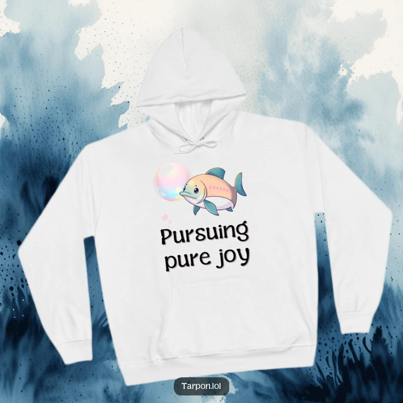 Funny Tarpon Bubble Chase Hoodie: A tarpon playfully pursues a shimmering bubble, showcasing a funny, dynamic interaction.