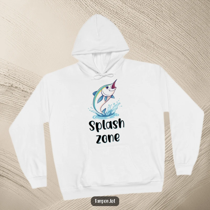 Funny Tarpon Hoodie featuring an energetic tarpon leaping dramatically from the water, a symbol of aquatic power.