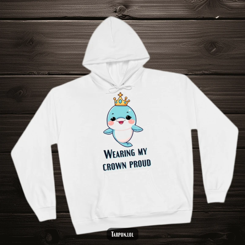 Funny King Tarpon Hoodie: A tarpon character winks playfully, balancing a sparkling crown, embodying funny royalty.