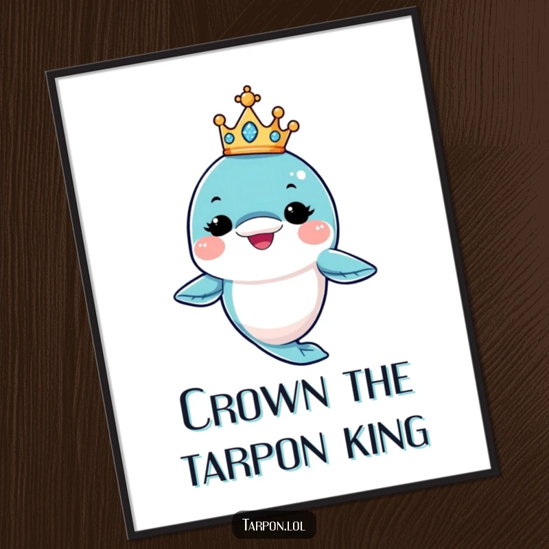 Funny Free Printable Wall Art: A tarpon character with a playful wink is elegantly balancing a tiny, sparkling crown.