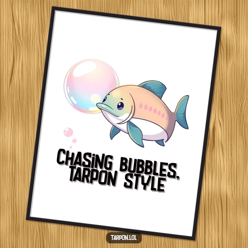Funny Free Printable Wall Art: A tarpon is depicted in playful pursuit of a shimmering, iridescent bubble.