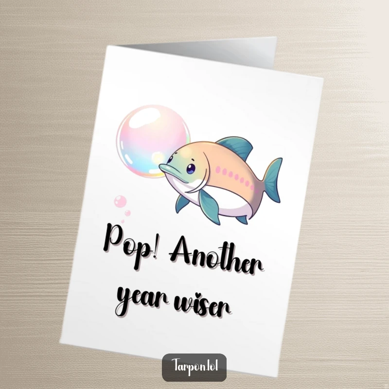 Funny Free Printable Birthday Card: A tarpon playfully chases a shimmering, iridescent bubble, capturing birthday excitement.