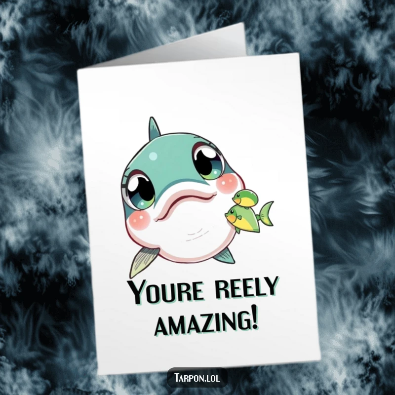 Funny Free Printable Congrats Card: Tarpon fish with wide, amazed eyes spotting a small, interesting fish, a delightful discovery.