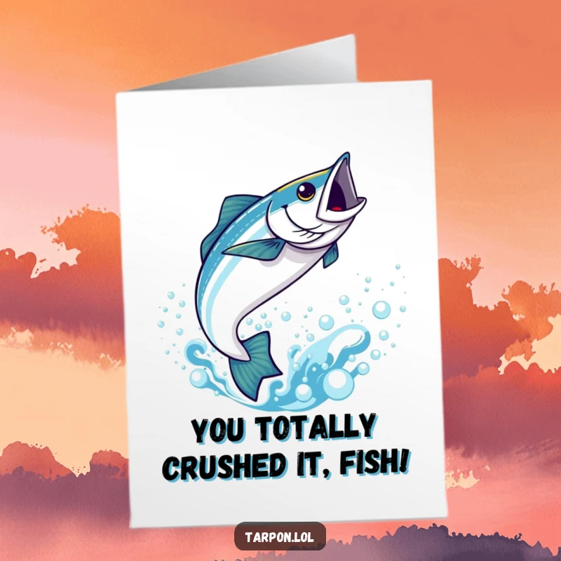 Funny Free Printable Congratulations Card: A kawaii tarpon leaping victoriously out of bubbly blue water for your congratulations.