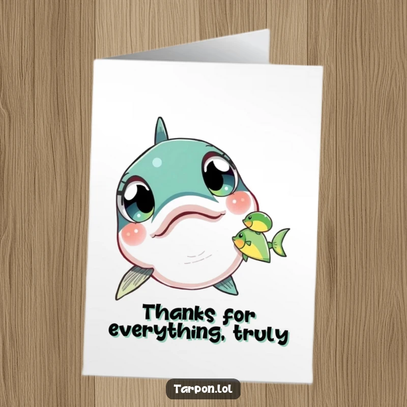 Funny Free Printable Thank You Card: Tarpon fish with wide, amazed eyes looking at a small fish, conveying thanks with surprise.