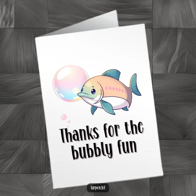 Funny Free Printable Thank You Card: A tarpon playfully pursuing a glistening, iridescent bubble, sending thanks.