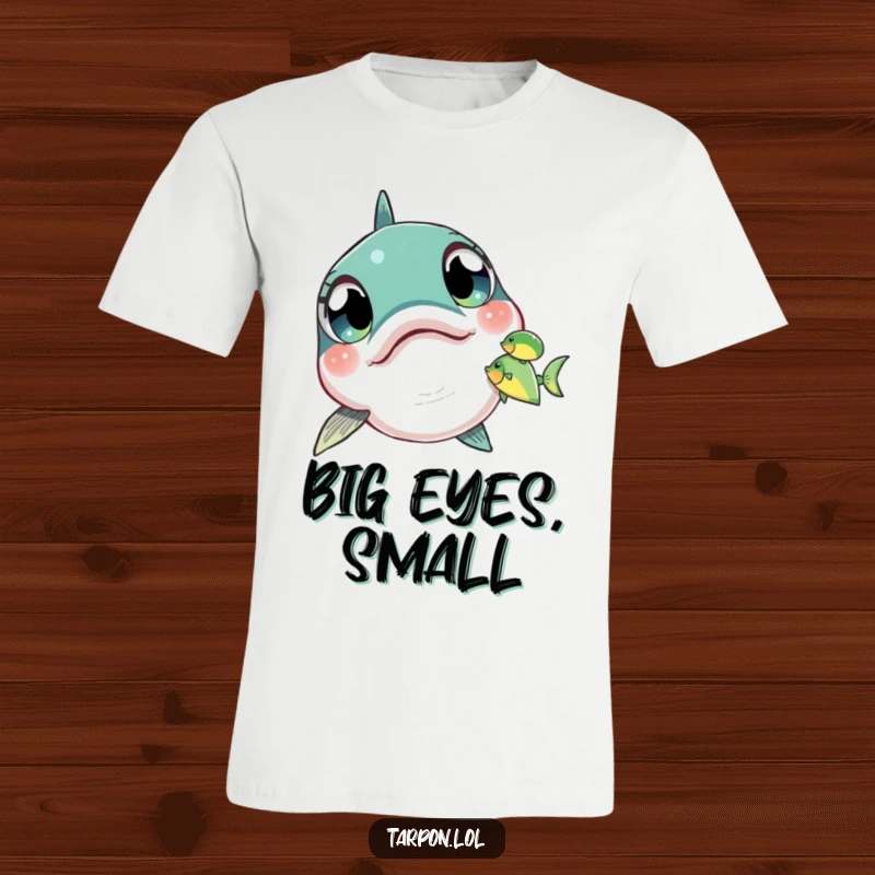 Funny Tarpon T-Shirt showcasing a tarpon with huge, astonished eyes fixated on a minuscule fish.