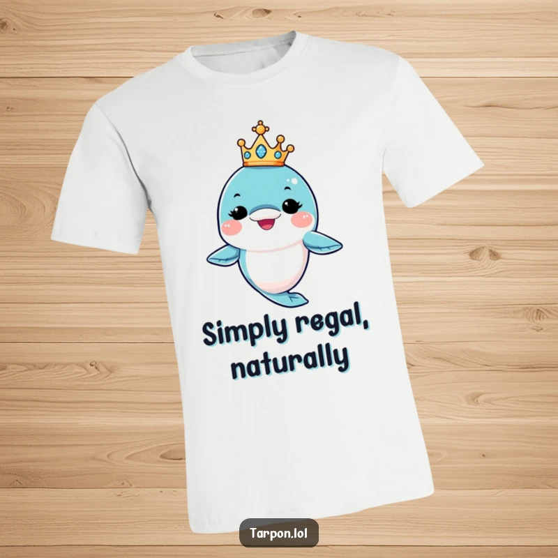 Funny King Tarpon T-Shirt: A tarpon character winks humorously while balancing a small, glittering crown, looking regal.