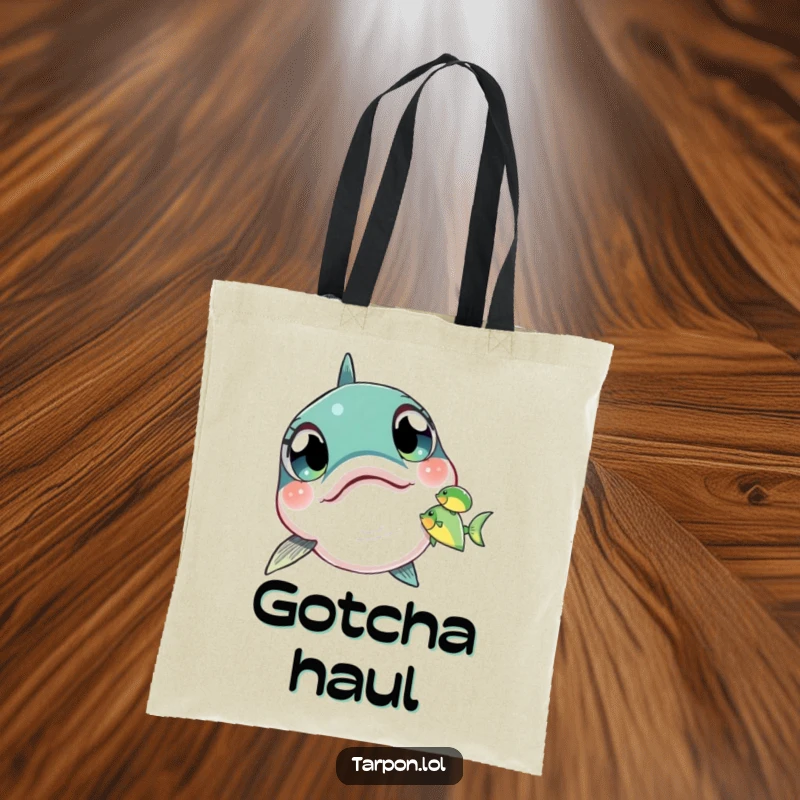 Funny Tarpon Tote Bag depicting a tarpon with wide, astonished eyes keenly observing a very small fish.