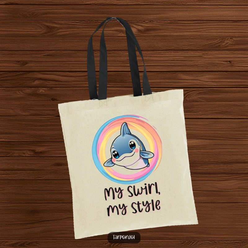 Funny Tarpon Swirl Tote Bag: A smiling tarpon with big, bright eyes is caught in a colorful swirl, a funny and practical bag.